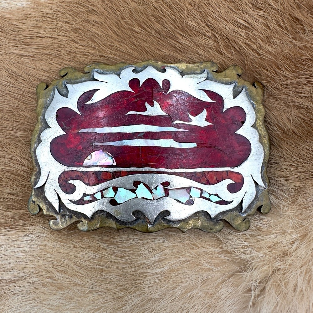 VTG Southwestern Ocean Sunset Abalone Coral Chip Inlay Resin Belt Buckle Mosaic